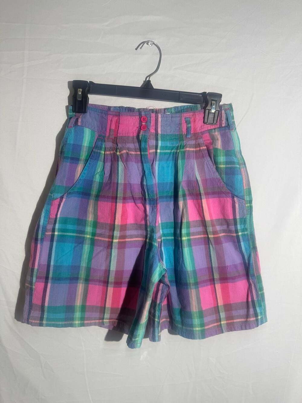 Access Vintage Plaid Shorts Womens Small High Waisted Cotton Pink Blue Pleated⁠